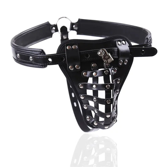 Leather Men's Chastity Belt with Cock Cage